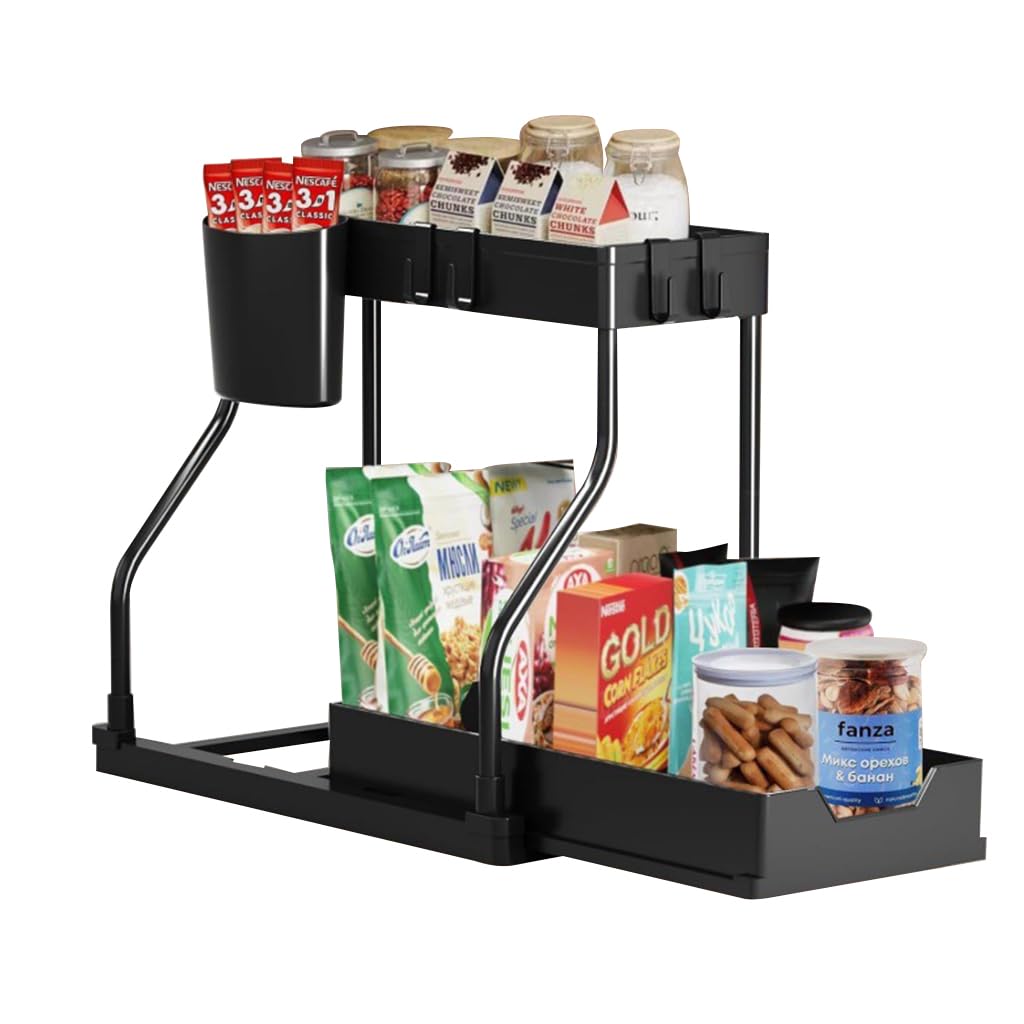 HASTHIP Double Layer Kitchen Organizer with Sliding Drawer Rack, Removable Cutlery Holder, Utility Hooks, and Seasoning Jar Storage, Space-Saving Under Sink Organizer for Small Kitchens (Black) HASTHIP Double Layer Kitchen Organizer with Sliding Drawer Rack, Removable Cutlery Holder, Utility Hooks, and Seasoning Jar Storage, Space-Saving Under Sink Organizer for Small Kitchens (Black)